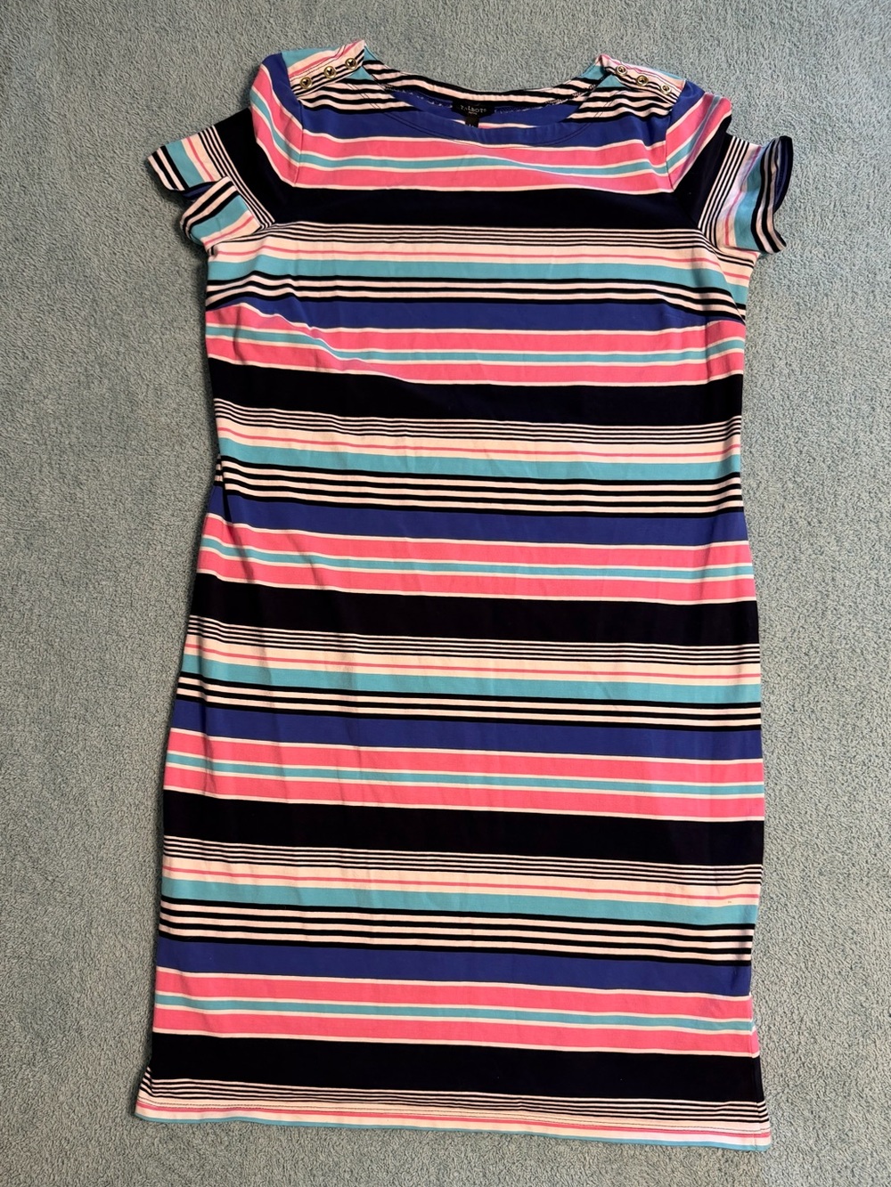 Talbots Striped Soft Casual Tee Dress Gold Button Shoulder Large Petite Pink - Picture 1 of 5